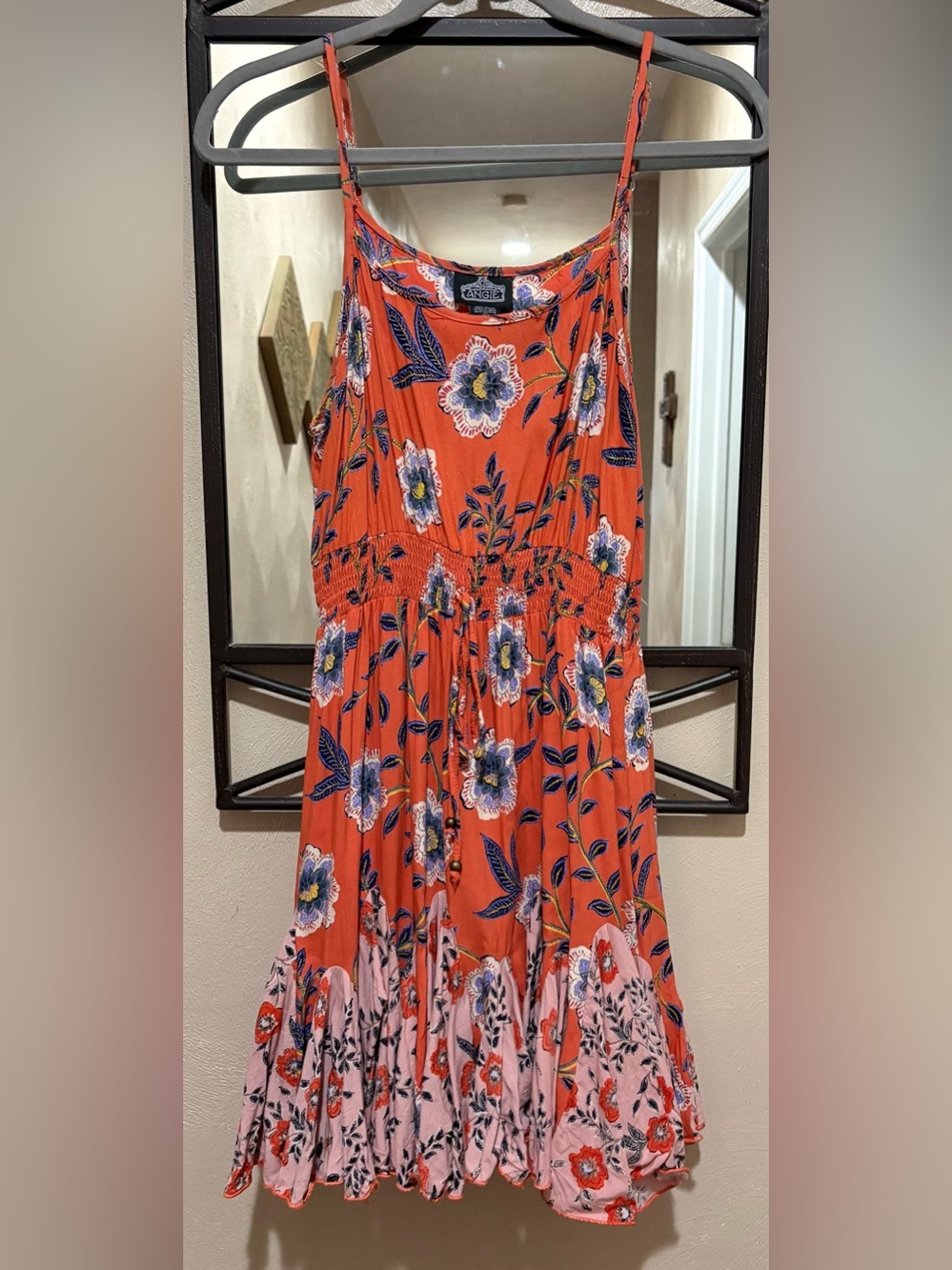 Angie Orange Floral Spaghetti-Strap Dress Size L